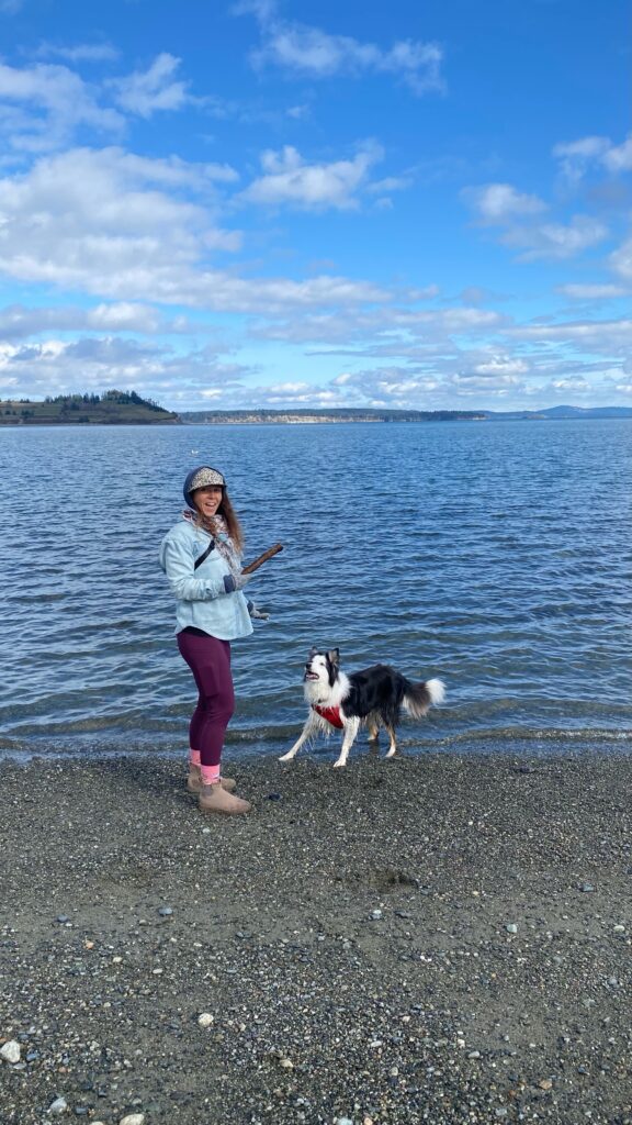 Donna, one of the Pet Sitting Pros, at the beach throwing a stick to a lively border collie.